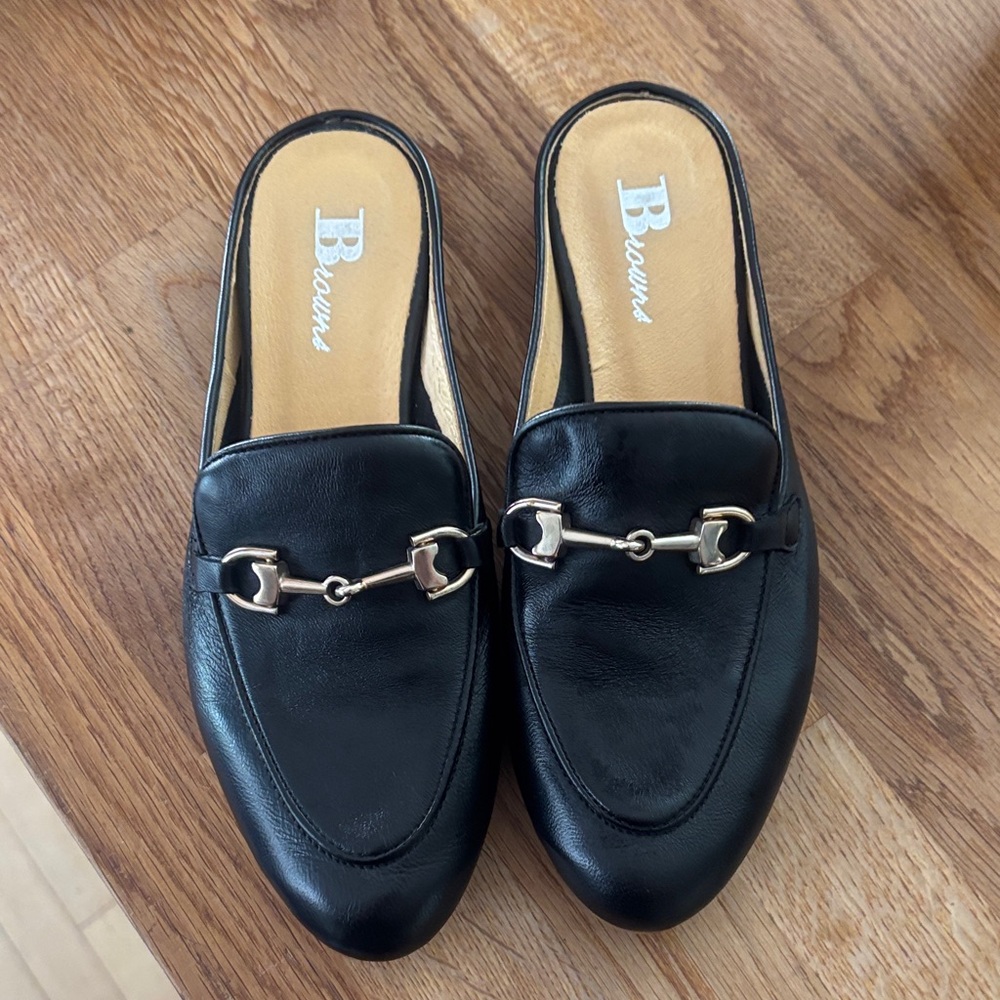 Black Leather Backless Loafers with Gold Bit Detail